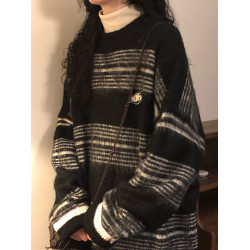 NAGA自製冬季美式復古潮牌慵懶風撞色條紋設計感軟糯針織衫毛衣女