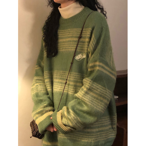 NAGA自製冬季美式復古潮牌慵懶風撞色條紋設計感軟糯針織衫毛衣女