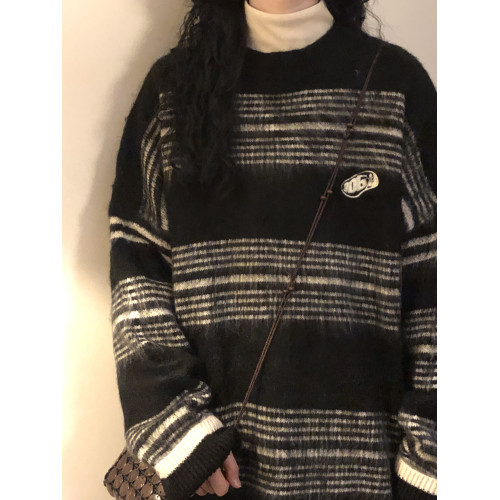NAGA自製冬季美式復古潮牌慵懶風撞色條紋設計感軟糯針織衫毛衣女