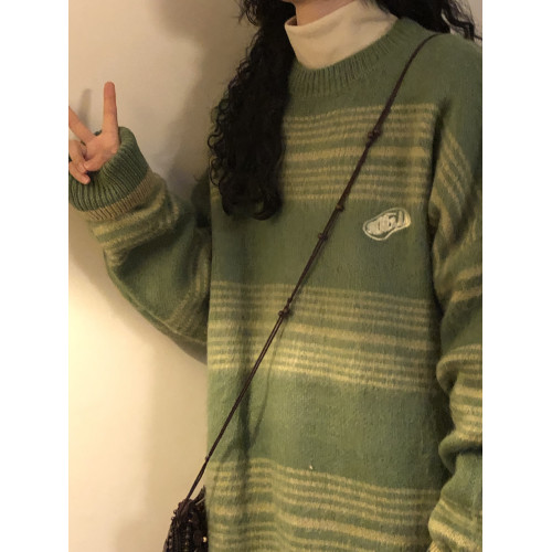 NAGA自製冬季美式復古潮牌慵懶風撞色條紋設計感軟糯針織衫毛衣女