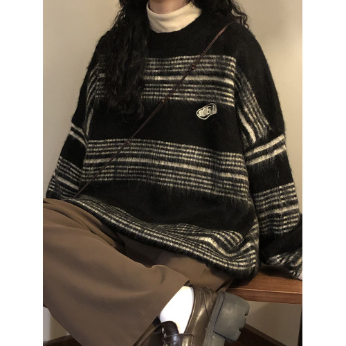 NAGA自製冬季美式復古潮牌慵懶風撞色條紋設計感軟糯針織衫毛衣女