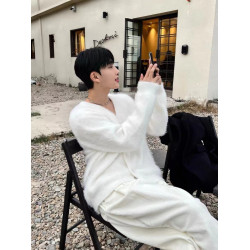 秋冬季水貂絨V領針織開衫外套男士韓版寬松休閒外穿小衆純色毛衣