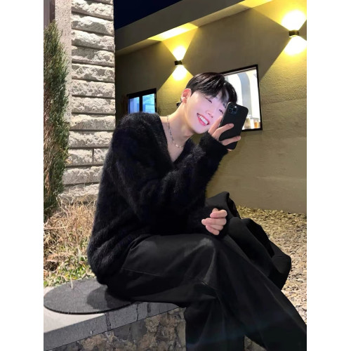 秋冬季水貂絨V領針織開衫外套男士韓版寬松休閒外穿小衆純色毛衣