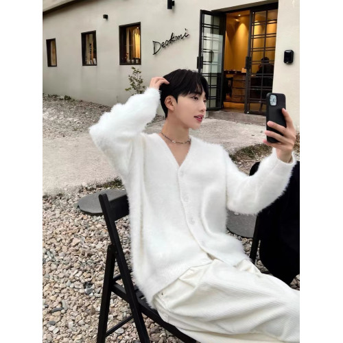 秋冬季水貂絨V領針織開衫外套男士韓版寬松休閒外穿小衆純色毛衣