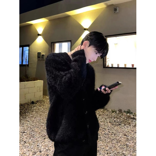 秋冬季水貂絨V領針織開衫外套男士韓版寬松休閒外穿小衆純色毛衣