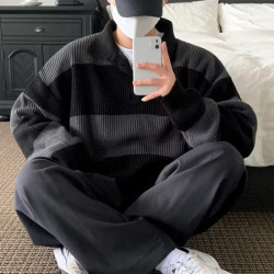 撞色條紋針織polo衫男高級感寬松長袖翻領毛衣cityboy海魂羊毛衫