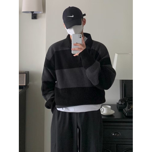 撞色條紋針織polo衫男高級感寬松長袖翻領毛衣cityboy海魂羊毛衫