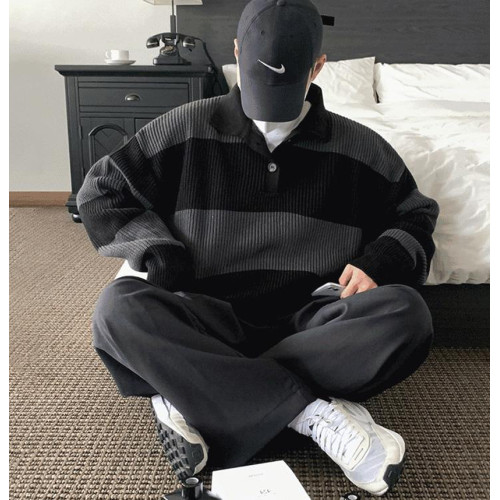 撞色條紋針織polo衫男高級感寬松長袖翻領毛衣cityboy海魂羊毛衫