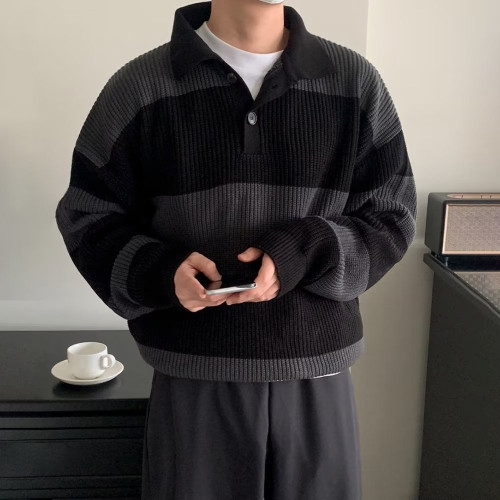 撞色條紋針織polo衫男高級感寬松長袖翻領毛衣cityboy海魂羊毛衫