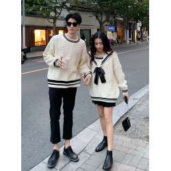 情侶裝春季2025新款潮流復古蝴蝶結針織衫上衣學院風海軍領毛衣女