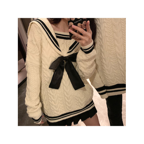 情侶裝春季2025新款潮流復古蝴蝶結針織衫上衣學院風海軍領毛衣女