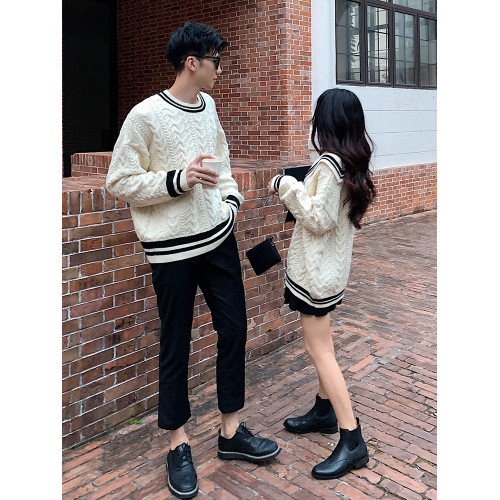 情侶裝春季2025新款潮流復古蝴蝶結針織衫上衣學院風海軍領毛衣女