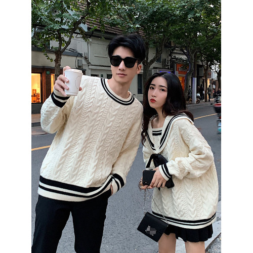 情侶裝春季2025新款潮流復古蝴蝶結針織衫上衣學院風海軍領毛衣女