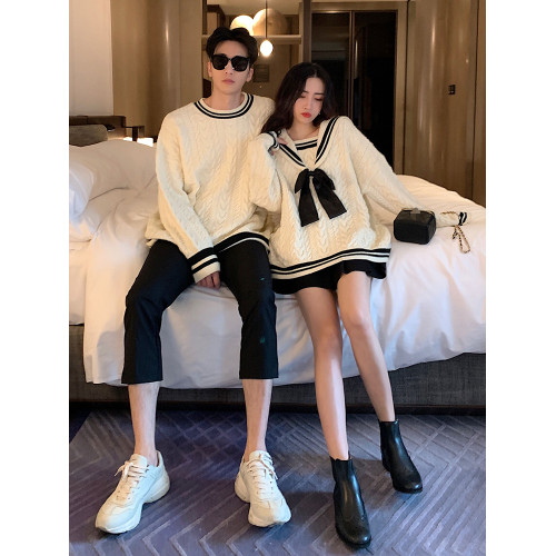 情侶裝春季2025新款潮流復古蝴蝶結針織衫上衣學院風海軍領毛衣女