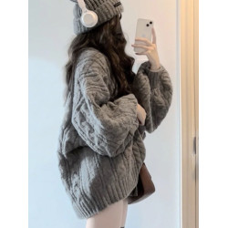 加厚版！高級感V領灰色麻花毛衣女秋裝寬松復古燈籠袖針織慵懶風
