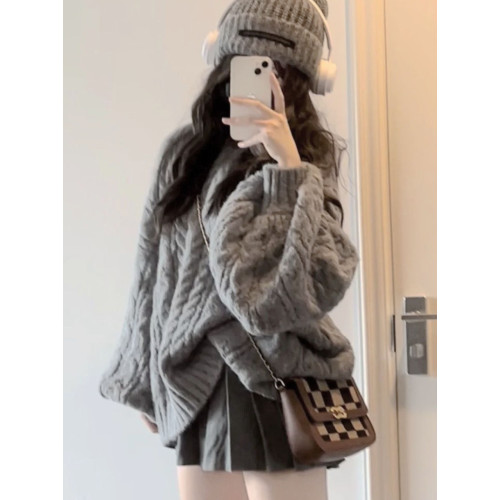 加厚版！高級感V領灰色麻花毛衣女秋裝寬松復古燈籠袖針織慵懶風