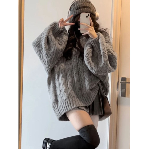 加厚版！高級感V領灰色麻花毛衣女秋裝寬松復古燈籠袖針織慵懶風