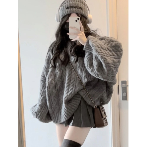 加厚版！高級感V領灰色麻花毛衣女秋裝寬松復古燈籠袖針織慵懶風