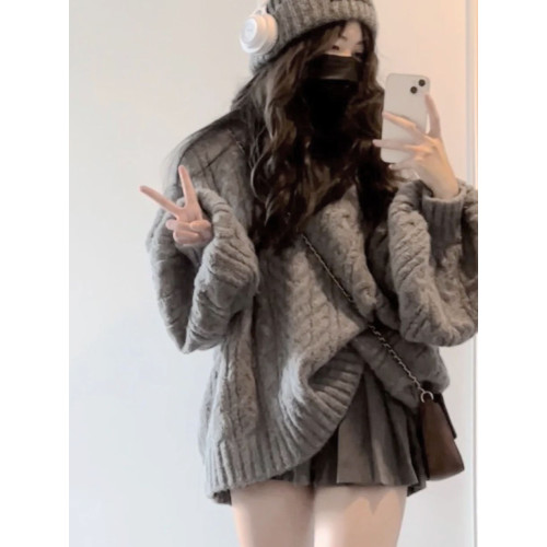 加厚版！高級感V領灰色麻花毛衣女秋裝寬松復古燈籠袖針織慵懶風