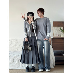 小衆設計情侶裝毛衣2025秋冬海軍領學院風V領針織衫一長一短上衣