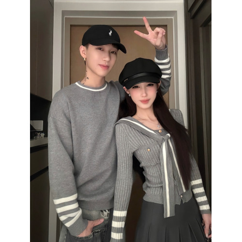 小衆設計情侶裝毛衣2025秋冬海軍領學院風V領針織衫一長一短上衣