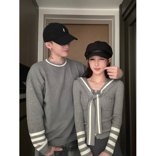 小衆設計情侶裝毛衣2025秋冬海軍領學院風V領針織衫一長一短上衣