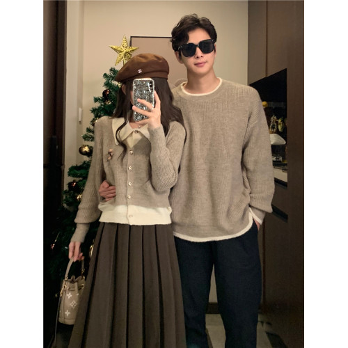 高級感情侶裝秋冬新款超火開衫毛衣套裝法式氣質男女假兩件針織衫