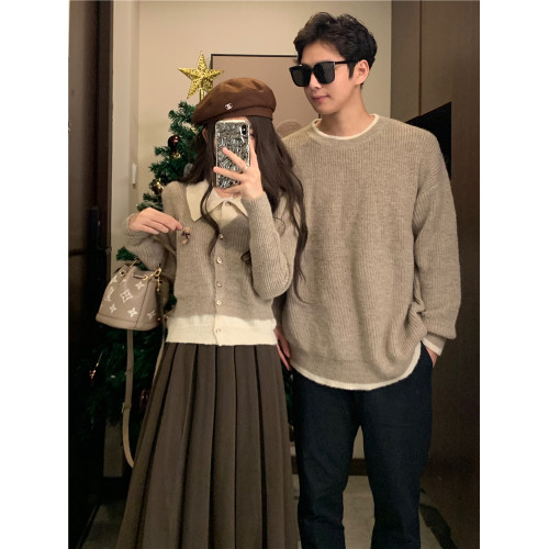 高級感情侶裝秋冬新款超火開衫毛衣套裝法式氣質男女假兩件針織衫