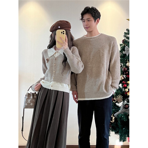 高級感情侶裝秋冬新款超火開衫毛衣套裝法式氣質男女假兩件針織衫