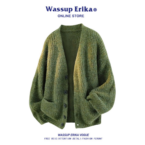 WASSUP ERIKA復古綠色開衫毛衣男秋冬慵懶風軟糯簡約休閒針織外套