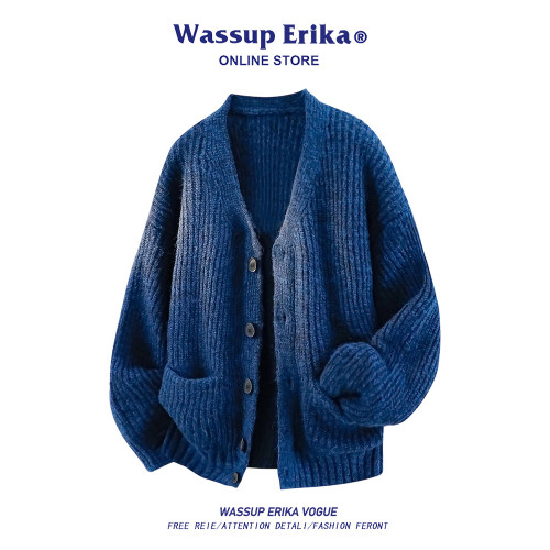 WASSUP ERIKA復古綠色開衫毛衣男秋冬慵懶風軟糯簡約休閒針織外套