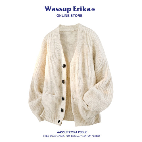 WASSUP ERIKA復古綠色開衫毛衣男秋冬慵懶風軟糯簡約休閒針織外套