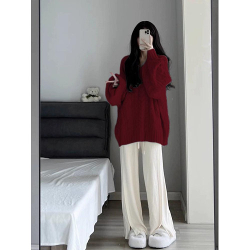 大碼胖MM酒紅色v領麻花加厚毛衣女秋冬2026新款新年毛衣慵嬾上衣 大碼胖MM酒紅色v領麻花加厚毛衣女秋冬2026新款新年毛衣慵嬾上衣