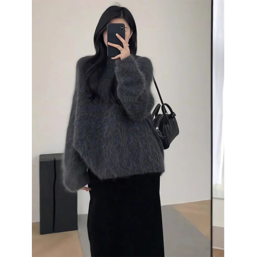 慵嬾高級感灰色水貂絨毛衣女秋冬軟糯嬭fufu套頭馬海毛針織衫上衣