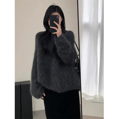 慵嬾高級感灰色水貂絨毛衣女秋冬軟糯嬭fufu套頭馬海毛針織衫上衣