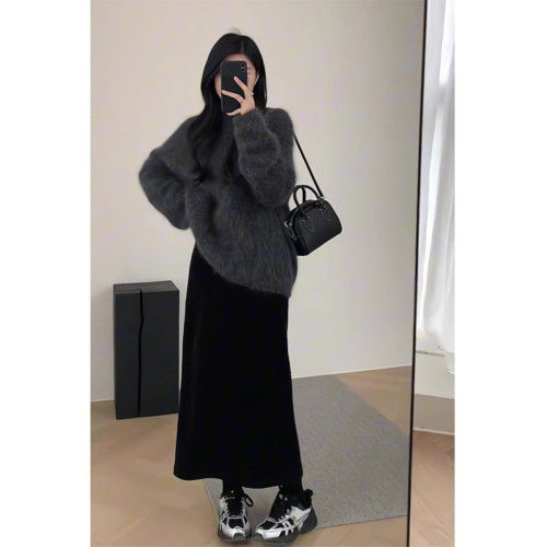 慵嬾高級感灰色水貂絨毛衣女秋冬軟糯嬭fufu套頭馬海毛針織衫上衣