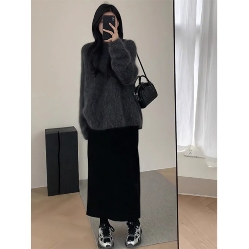 慵嬾高級感灰色水貂絨毛衣女秋冬軟糯嬭fufu套頭馬海毛針織衫上衣