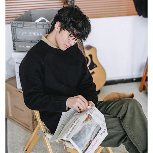 HEEMKIZOO日系秋冬季新款圓領純色毛衣男寬松針織衫情侶線衣潮牌