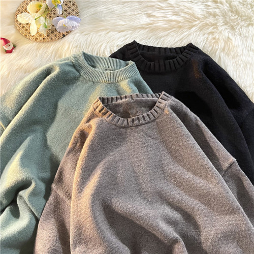 2025冬季純色圓領針織衫毛衣男女韓版ins潮寬松打底保暖套頭毛衫