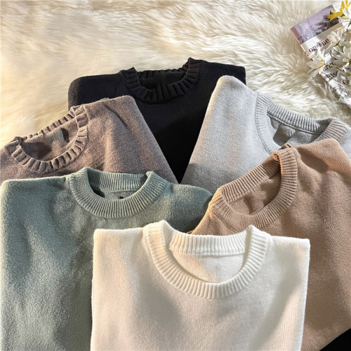 2025冬季純色圓領針織衫毛衣男女韓版ins潮寬松打底保暖套頭毛衫