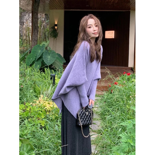 紫色針織衫鬭篷外套毛衣秋季新款氛圍感軟慵懶上衣百搭罩衫外穿