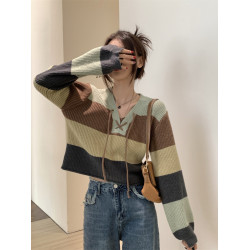 韓系條紋撞色系帶chic獨特別致上衣女秋冬小個子顯瘦百搭短款毛衣