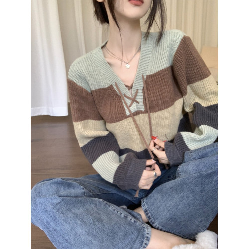 韓系條紋撞色系帶chic獨特別致上衣女秋冬小個子顯瘦百搭短款毛衣