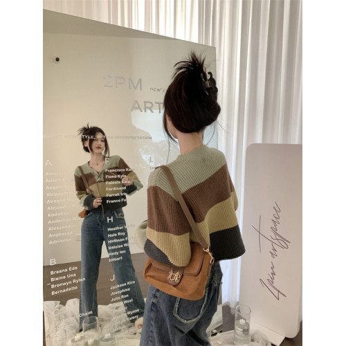 韓系條紋撞色系帶chic獨特別致上衣女秋冬小個子顯瘦百搭短款毛衣