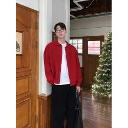 大紅色毛衣針織開衫男士春秋季韓系東大門翻領本命年線衣純色外套