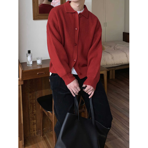 大紅色毛衣針織開衫男士春秋季韓系東大門翻領本命年線衣純色外套