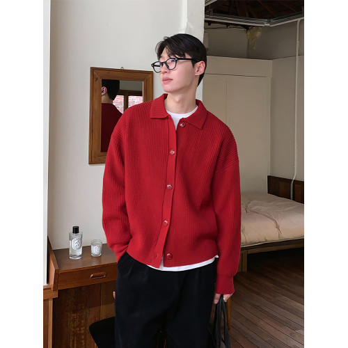 大紅色毛衣針織開衫男士春秋季韓系東大門翻領本命年線衣純色外套