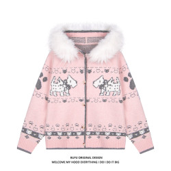 億萬少年BUFU原創美式復古毛領提花連帽針織開衫弗爾島小狗毛衣女