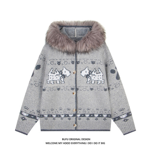 億萬少年BUFU原創美式復古毛領提花連帽針織開衫弗爾島小狗毛衣女