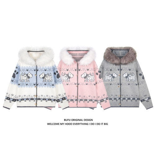 億萬少年BUFU原創美式復古毛領提花連帽針織開衫弗爾島小狗毛衣女